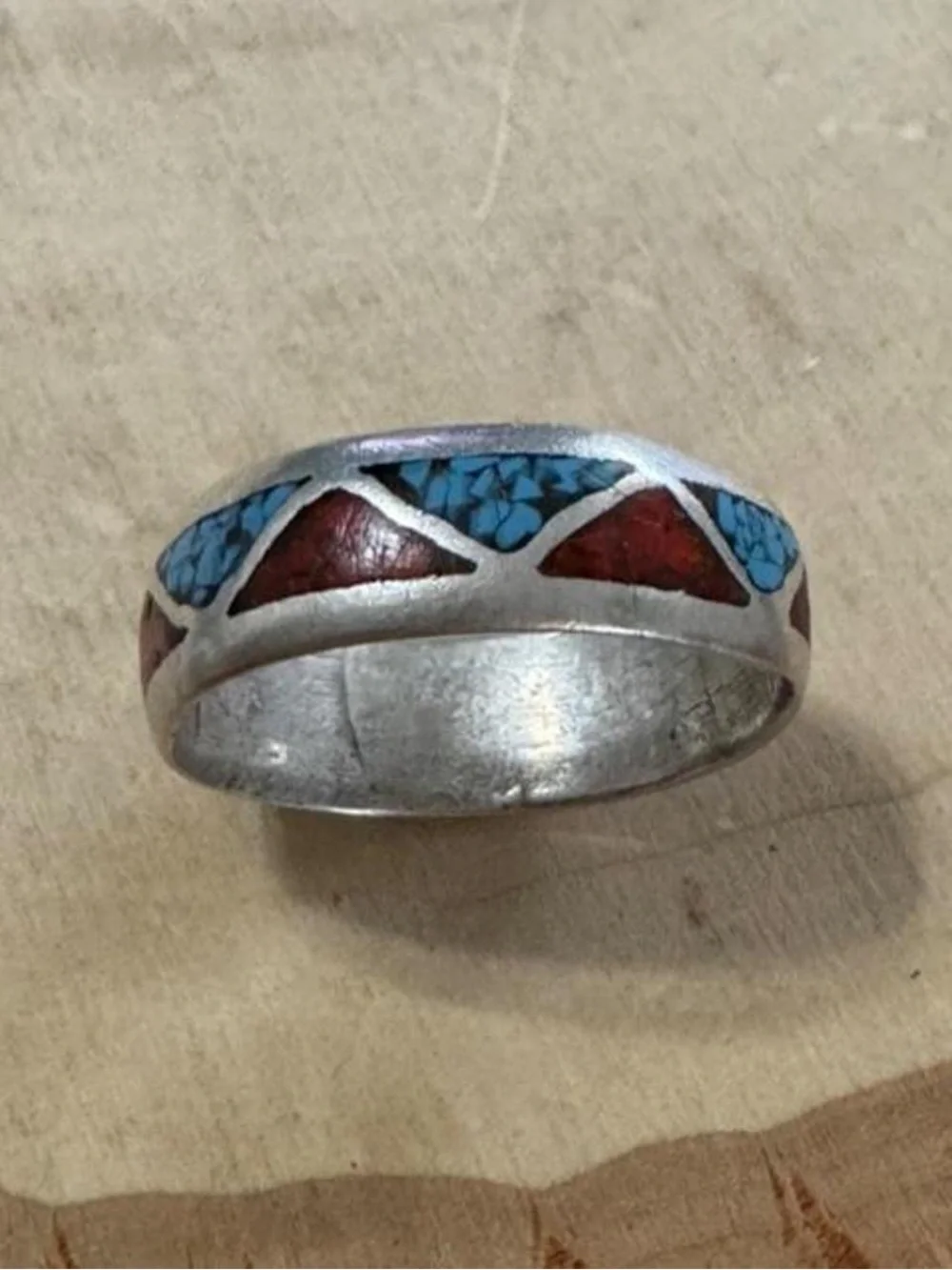 Men Women Vintage Navajo Sterling Silver  Inlay Turquoise Red Coral Band Ring